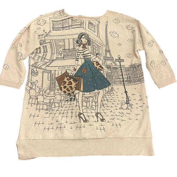 Womens Novelty Graphic Sweater Sz S Beige Parisian Girl Embellished Cute Artsy - Picture 5 of 15